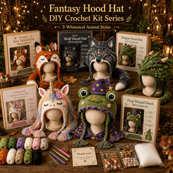 Fantasy Hood Hat DIY Crochet Kit Series, Animal Hood Hat Crochet Kit with Yarn, Hook and Step-by-Step Guide for Beginner Adults, Halloween Festival Craft Gift