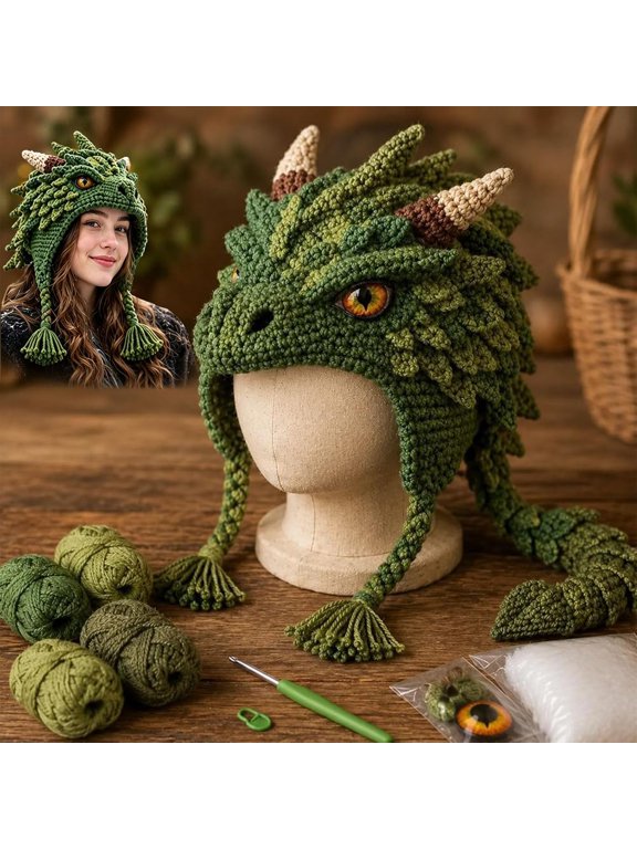 Fantasy Hood Hat DIY Crochet Kit Series, Animal Hood Hat DIY Crochet Kit for Beginners, Complete Great Experience, Tutorial Guide, Yarn & Hook, Gift for Adults, Dragon