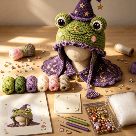 Fantasy Hood Hat DIY Crochet Kit Series | Complete Great Experience, Tutorial Guide, Yarn & Hook, Cute Halloween Beanie with Ear Charming Gift for Adults(Frog)