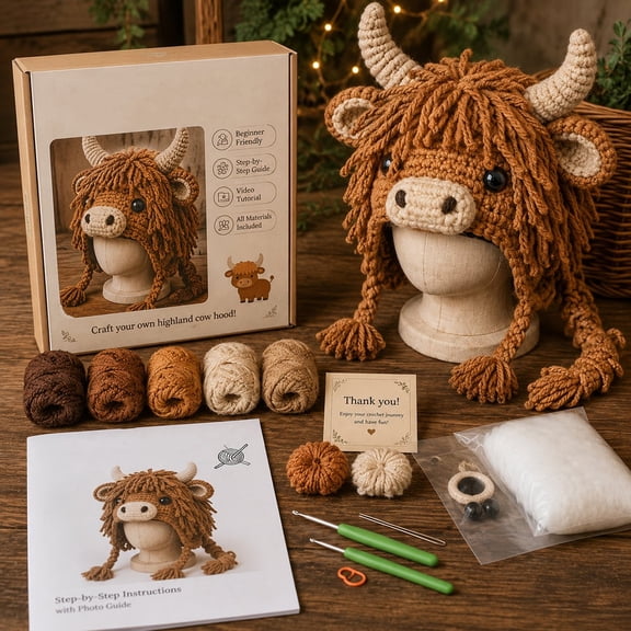 Fantasy Hood Hat DIY Crochet Kit Series, DIY Fantasy Hood Crochet Kit with Step-by-Step Guide, Fun Creative Craft for Costume & Festival Wear (Highland Cow)