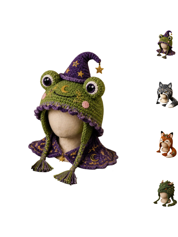 Fantasy Hood Hat DIY Crochet Kit Series, Easy To Follow Halloween Crochet Kit For New Crafters, Vintage Wizard Frog Hood Hat, Practical Handmade Warm Hat For Outdoor Travel & Camping-D