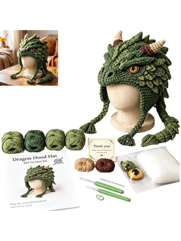 Fantasy Hood Hat Diy Crochet Kit Series, Dragon Hood Hat Diy Crochet Kit for Beginners, Green, Soft Beanie for Adults