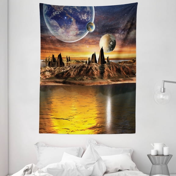 Fantasy House Decor Wall Hanging Tapestry, Alien Planet with Earth Moon and Mountain Fantasy Sci Fi Galactic Future Cosmos Art, Bedroom Living Room Dorm Accessories, 60 X 80 Inches, by Ambesonne