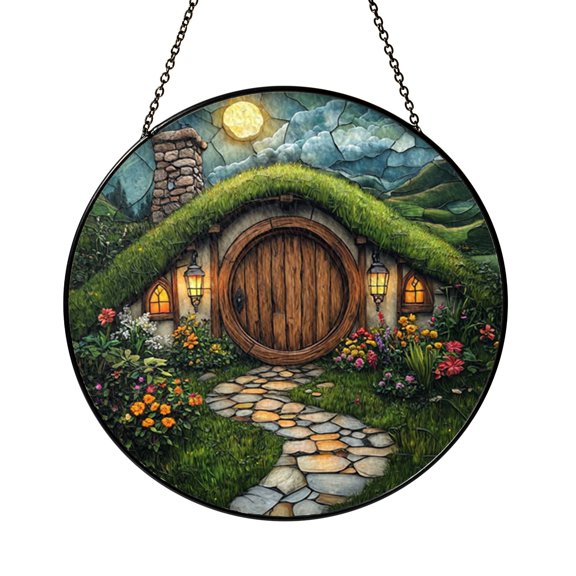 Fantasy House Window Hanging Decor, Stained Glass Style Whimsical Suncatcher, Decorative Glass Panel for Windows
