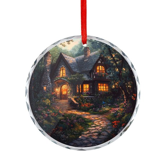 Fantasy House in The Forest Crystal Glass Christmas Ornament Holiday Home Decor Woodland Cottage Glass Round Christmas Ornament