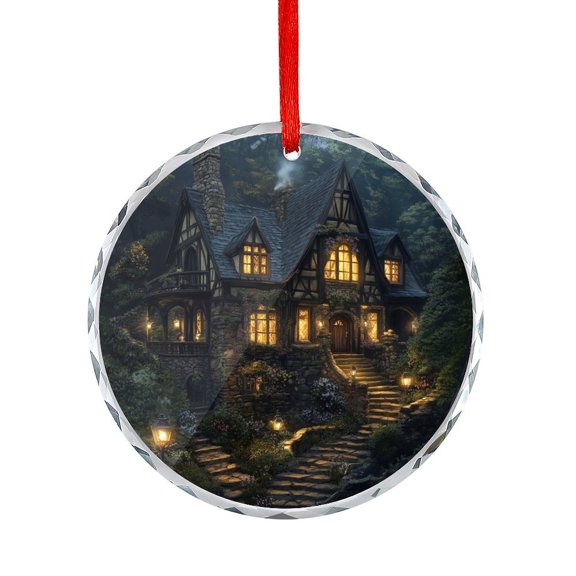 Fantasy House in The Forest Crystal Glass Ornament Gift Exchange Present Ideas Spring Cabin Round Glass Christmas Ornaments