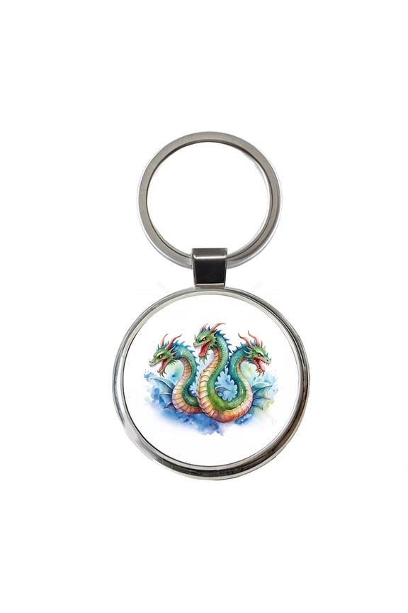 Fantasy Hydra Mythical Creature Watercolor Metal Round Keychain