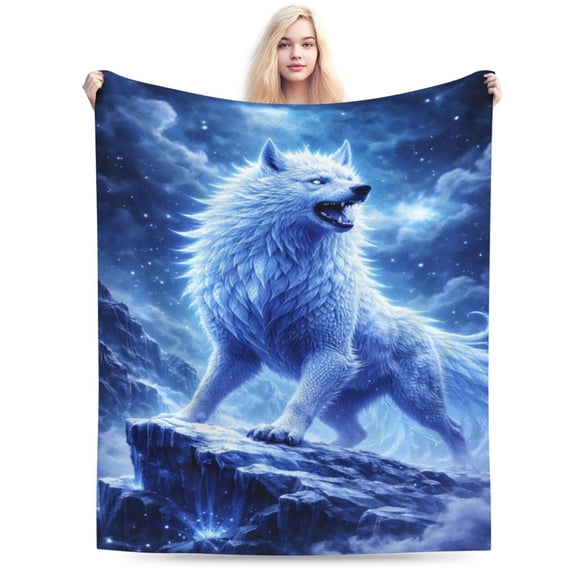 Fantasy Ice Wolf Throw Blanket, Epic Blue Wolf Artwork Decorative Blanket for Sofa Couch Bed 60x50