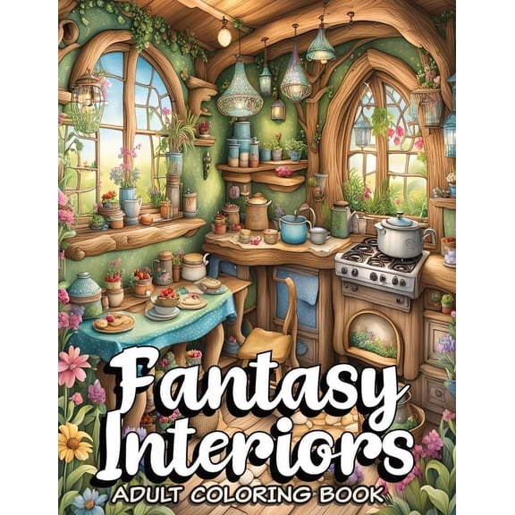Fantasy Interiors Coloring Book: Relax with 52 hyper-realistic illustrations in the Magic Whimsical Fantasy Grayscale Co, (Paperback)