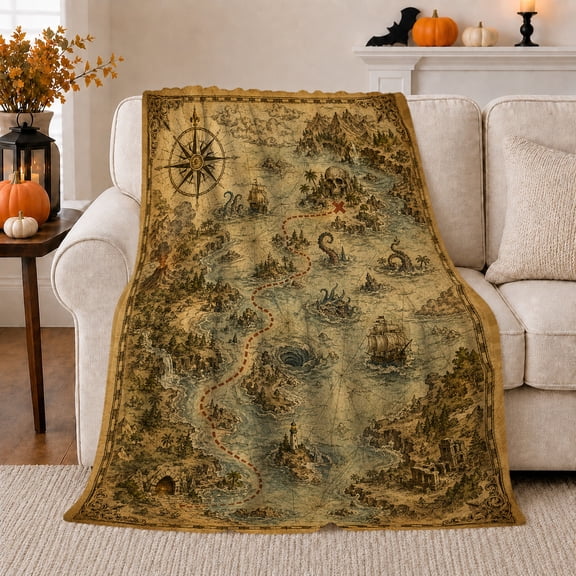 Fantasy Island Map with Sea Monsters and Compass, Nostalgic Adventure Cartography for Travel Lovers, Housewarming Gift, Cozy Flannel Blanket for Study Room and Home Library, Rustic Home Decor