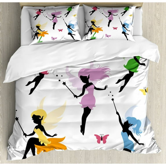 Fantasy King Size Duvet Cover Set, Cute Pixie Spirit Elf Fairies Flying with Butterflies Girls Princess Flowers Design, Decorative 3 Piece Bedding Set with 2 Pillow Shams, Multicolor, by Ambesonne