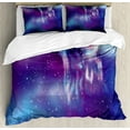 thumbnail image 1 of Fantasy King Size Duvet Cover Set, Psychedelic Northern Starry Sky with Spirit of A Wolf Aurora Borealis Display, Decorative 3 Piece Bedding Set with 2 Pillow Shams, Blue Purple, by Ambesonne, 1 of 3