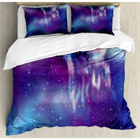 Fantasy King Size Duvet Cover Set, Psychedelic Northern Starry Sky with Spirit of A Wolf Aurora Borealis Display, Decorative 3 Piece Bedding Set with 2 Pillow Shams, Blue Purple, by Ambesonne