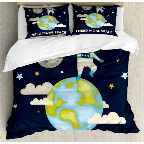 Fantasy King Size Duvet Cover Set, Spaceman Waving over Planet Earth Space Adventure to Stars Cartoon with Funny Quote, Decorative 3 Piece Bedding Set with 2 Pillow Shams, Multicolor, by Ambesonne