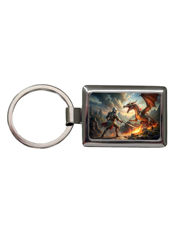 Fantasy Knight Fighting A Fire-breathing Dragon Metal Rectangle Keychain