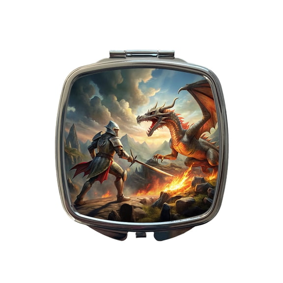 Fantasy Knight Fighting A Fire-breathing Dragon Travel Makeup Handbag Purse Small Pocket Compact Mirror