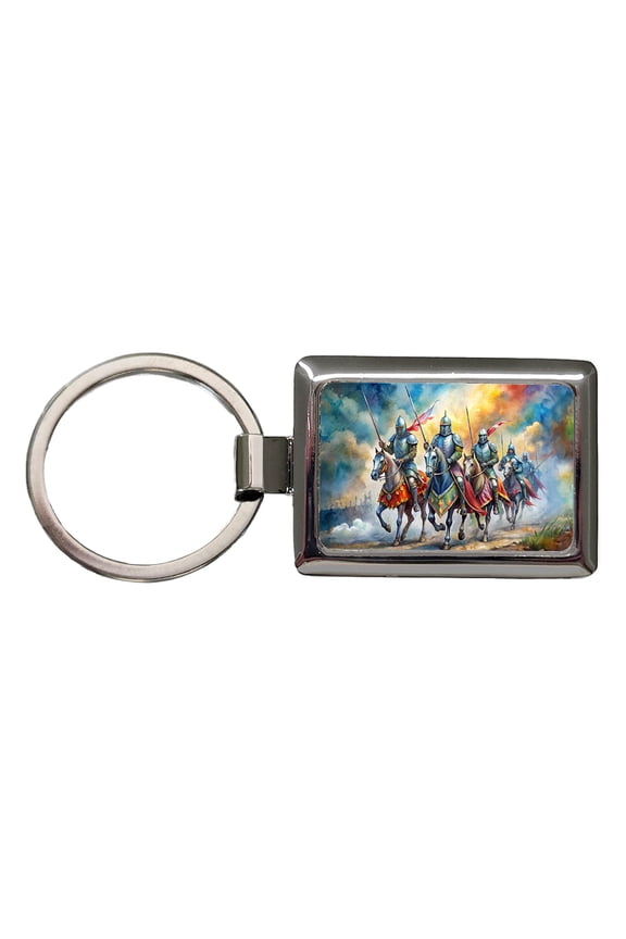Fantasy Knights Riding To War Watercolor Metal Rectangle Keychain