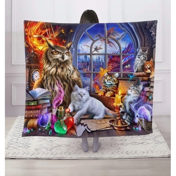 Fantasy Labs Cats Kitty Owl Dragon Magic Super Soft Flannel Blanket