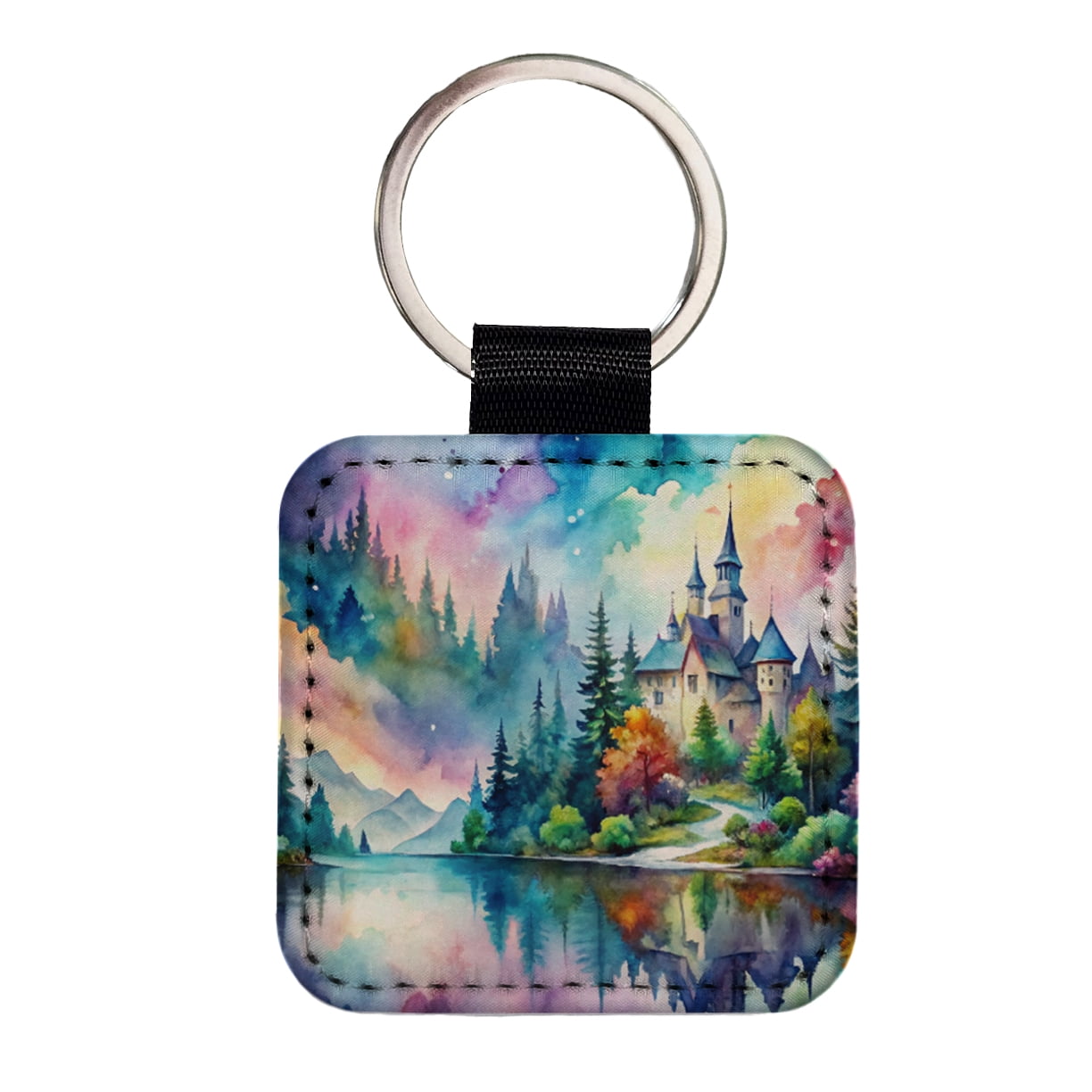 Fantasy Lake And Castle Scene Watercolor Faux Leather Square Keychain ...