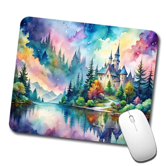 Fantasy Lake And Castle Scene Watercolor Mouse Pad Low Profile Gaming Mat