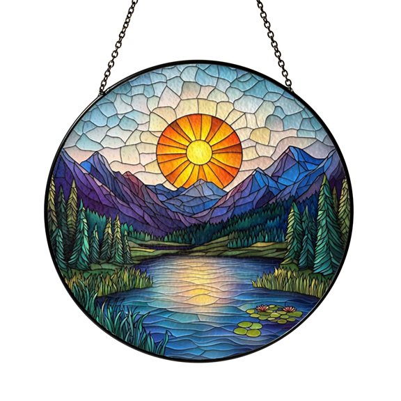 Fantasy Lake Sunset Stained Glass Window Decor – Handmade Nature Hanging Art