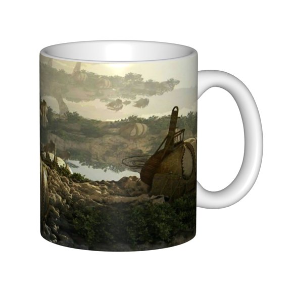 Fantasy Landscape Ceramic Coffee Mug 11oz, Sci-Fi Village and Floating Islands Tea Cup for Home and Office, Ideal Gift for Sci-Fi Fans