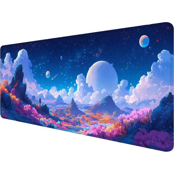 Fantasy Landscape Desk Mat Gaming Mouse Pad 31.5 x 11.8 Inch Sky Moon Planets Flowers Clouds Extended Gaming Mouse Pad Mat with Stitched Edge Non-Slip Base Big Mouse Pad