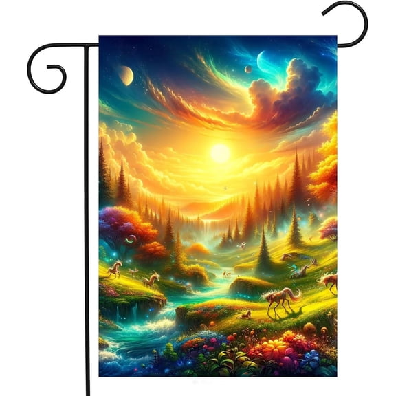 Fantasy Landscape Sun Horses Garden Flag 12 x 18 In Double Sided Polyester Outdoor Home Decor