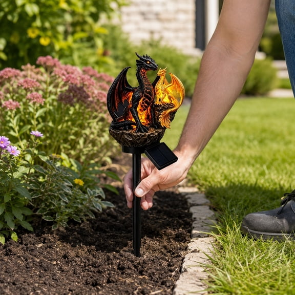 Fantasy Lava Dual Dragon Solar Stake Garden Light, Weatherproof LED Dragon Figurine Lamp Backyard Pathway Decor