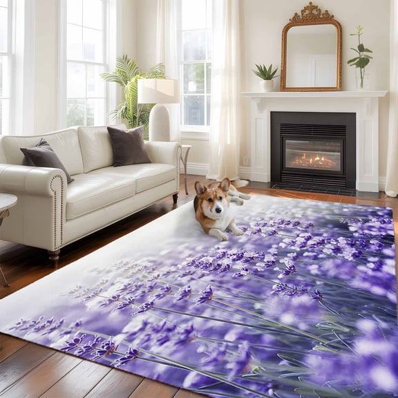 Fantasy Lavender Area Rugs 5x7 ft Violet Purple Blooming Flower Garden Scenery Washable Rug Non Slip Indoor Carpet Absorbent Floor Mat for Living Room Bedroom Dining Room