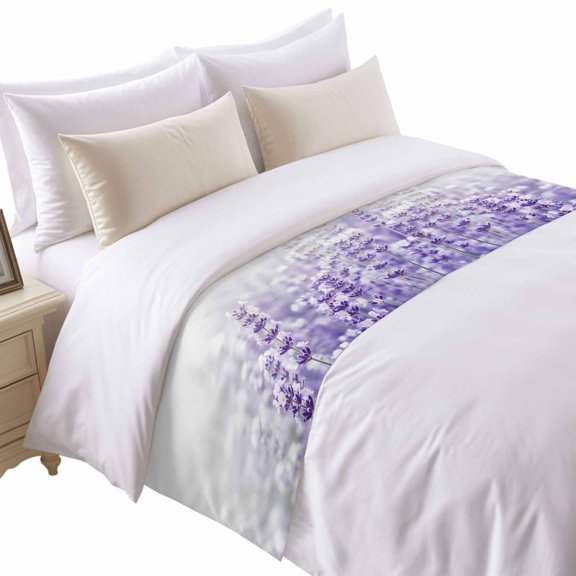 Fantasy Lavender Bed Runner for Twin Size Bed, Violet Purple Blooming Flower Garden Scenery Soft Bedding Scarf Bedding Protector Slipcover Sofa Throw for Bedroom Hotel Guesthouse