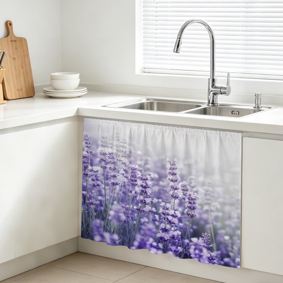 Fantasy Lavender Cabinet Curtains for Kitchen 10"W x 11"L, Violet Purple Blooming Flower Garden Scenery Under Sink Skirt Magic Tape Short Curtain Decorative Privacy Panel for Bathroom Laundry
