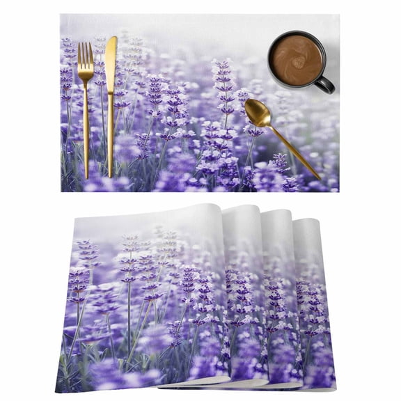 Fantasy Lavender Cotton Linen Placemats Set of 8, Violet Purple Blooming Flower Garden Scenery Washable Table Place Mats Heat Insulating Placemat for Dining Room Kitchen Daily Use 13 x 19 Inch