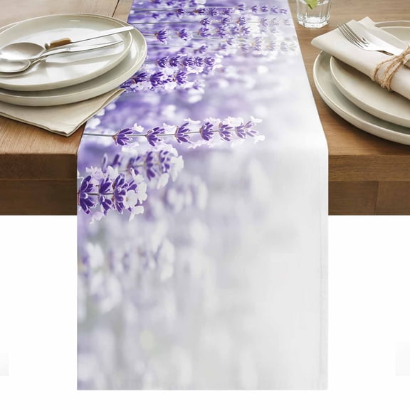 Fantasy Lavender Cotton Linen Table Runner Violet Purple Blooming Flower Garden Scenery Dining Table Runners for Home Decor Party Dining Room Restaurant Kitchen Party 13" x 36"