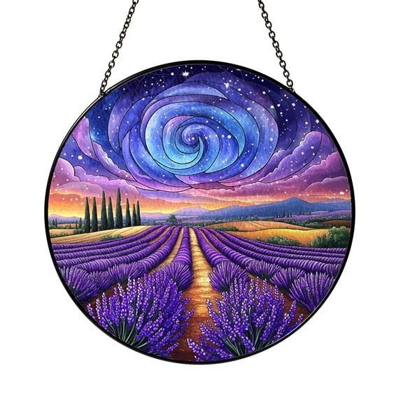 Fantasy Lavender Field Stained Glass Window Decor – Handmade Starry Sky Hanging Art