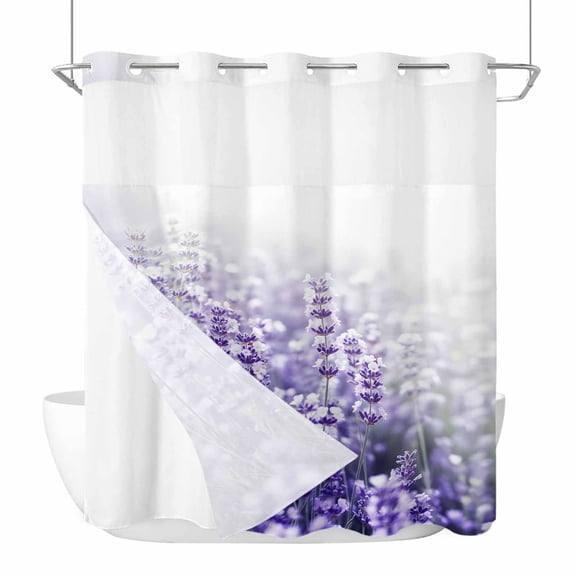 Fantasy Lavender No Hook Shower Curtain with Snap in Liner Violet Purple Blooming Flower Garden Scenery Waterproof Bathroom Shower Curtain with See Through Top Window for Bathtub 72" x 72"