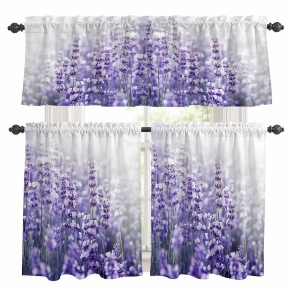Fantasy Lavender Kitchen Curtains Set for Windows, Violet Purple Blooming Flower Garden Scenery Curtains Valance and Tier 3 Piece Set Small Drapes 24 Inch Length for Kitchen Bedroom Decor