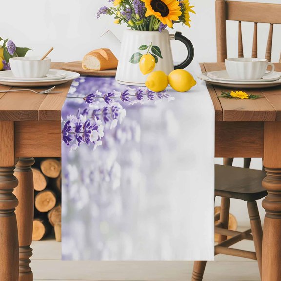 Fantasy Lavender Table Runner 13x60 Inch Violet Purple Blooming Flower Garden Scenery Cotton Linen Dining Table Runner Ideal for Dresser Kitchen Coffee Tables - Machine Washable