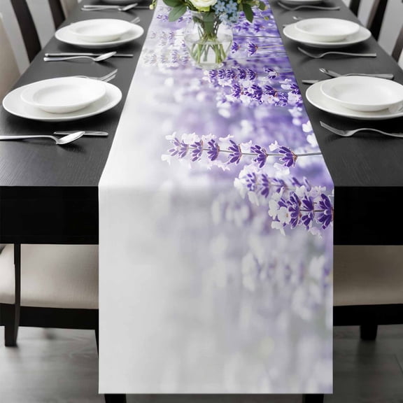 Fantasy Lavender Table Runner, Violet Purple Blooming Flower Garden Scenery Washable Cotton-linen Table Runners Dining Kitchen Decoration for Everyday Home Wedding Party Decor, 13 x 60 Inch