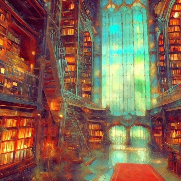 Fantasy Library Abstract Painting - 12" x 12" Art Print Wall Decor