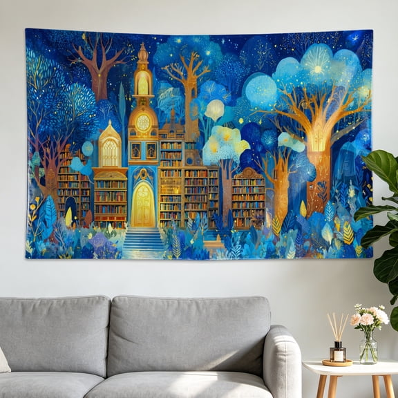 Fantasy Library Forest Bookstore Wall tapestry,Large size Printed Horizontal Tapestry blanket,Polyester Fabric Wall Hanging for living room,study room,No Installation Required,Indoor,Outdoor,Gift for