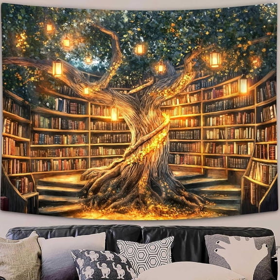 Fantasy Library Tapestry, Mysterious Forest Tree Magic Bookshelf Aesthetic Tapestries , Witchy Fairytale Vintage Bookshelf Book Art Tapestry Wall Hanging for Classroom College Room Bedroom, 40X30IN