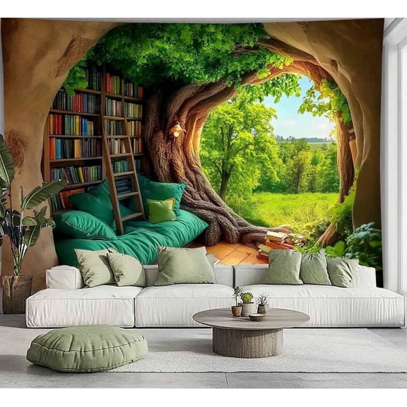 Fantasy Library Wall Tapestry, Vintage Tree Cave Bookshelf Design, Fairy Tale Book Art Hanging for Classroom, Dorm and Bedroom Decor