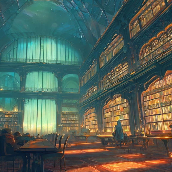 Fantasy Library at Night Digital Painting - 12" x 12" Art Print Wall Decor