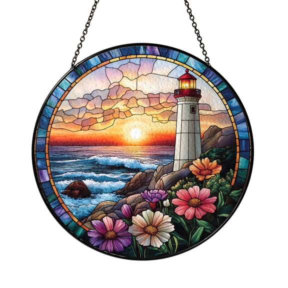 Fantasy Lighthouse Stained Glass Suncatcher, Decorative Coastal Window Hanging Art, Nautical Inspired Glass Panel for Home Window Decor, Artistic Seaside Theme Art Decor