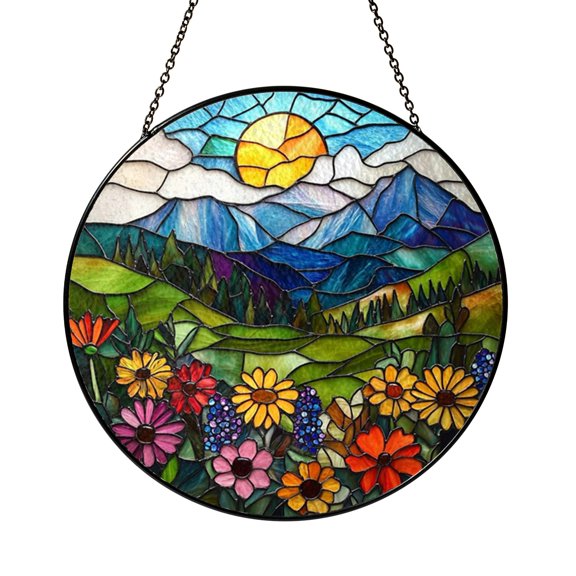 Fantasy Lupine Stained Glass Style Window Suncatcher, Alpine Flower Landscape Art Decor, Decorative Hanging Light Catcher