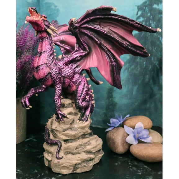 Fantasy Magenta Striped Behemoth Dragon Roaring On Volcanic Rock Mountain Statue