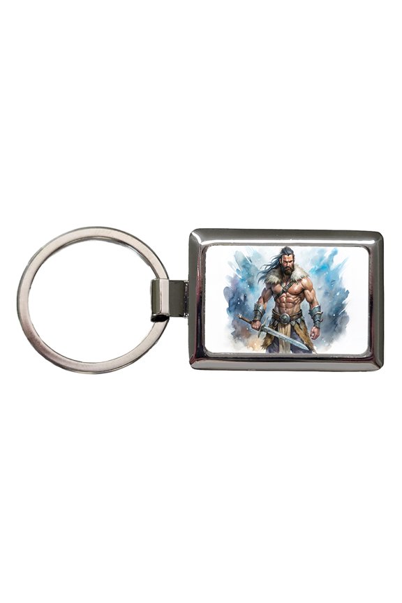 Fantasy Male Barbarian With Two-Handed Sword Metal Rectangle Keychain