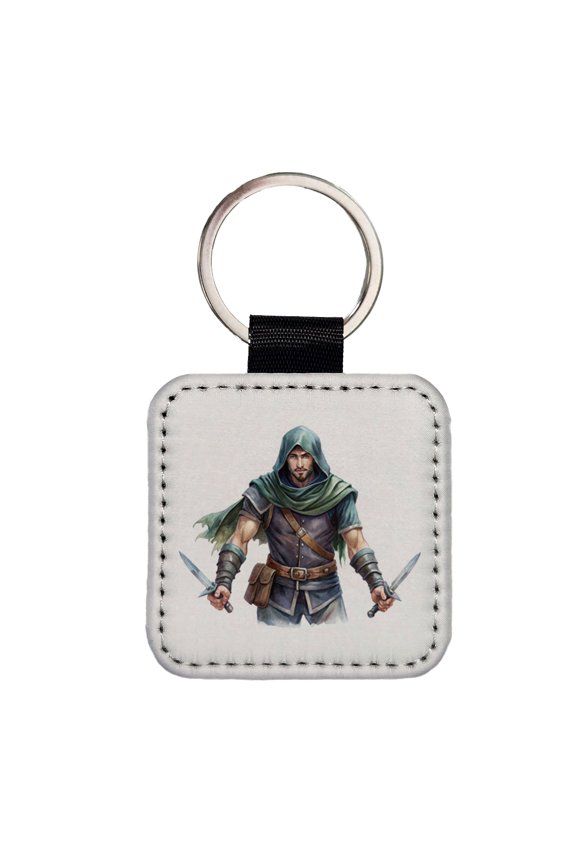 Fantasy Male Thief Rogue with Daggers Watercolor Faux Leather Square Keychain