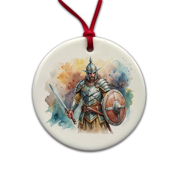 Fantasy Male Warrior Fighter With Full Armor Tank Christmas Tree Holiday Round Ceramic Ornament